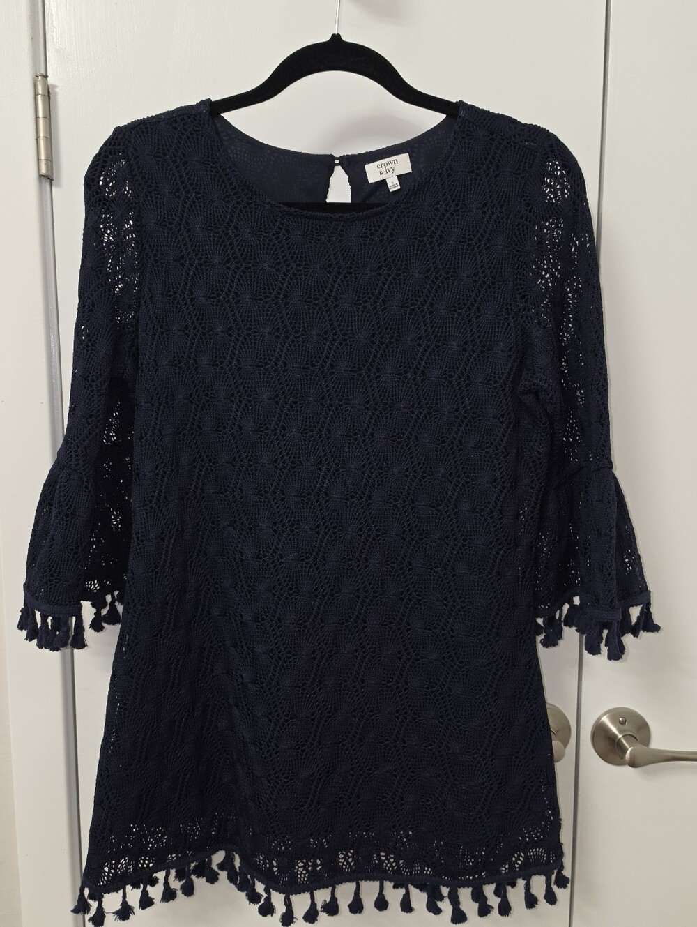 Crown & Ivy Navy Crochet Lace Tassel Mini Dress Small